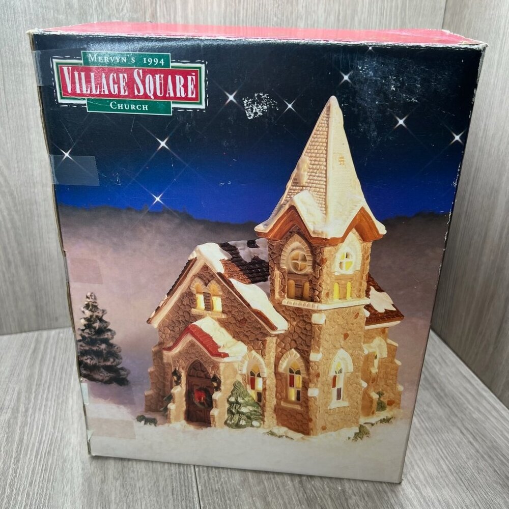 Mervyn's Village Square 1994 Christmas Church Lighted Hand Painted Ceramic Decor